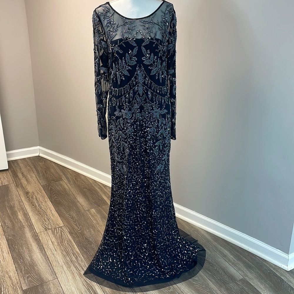 Adrianna Papell navy evening gown. Detail is on point